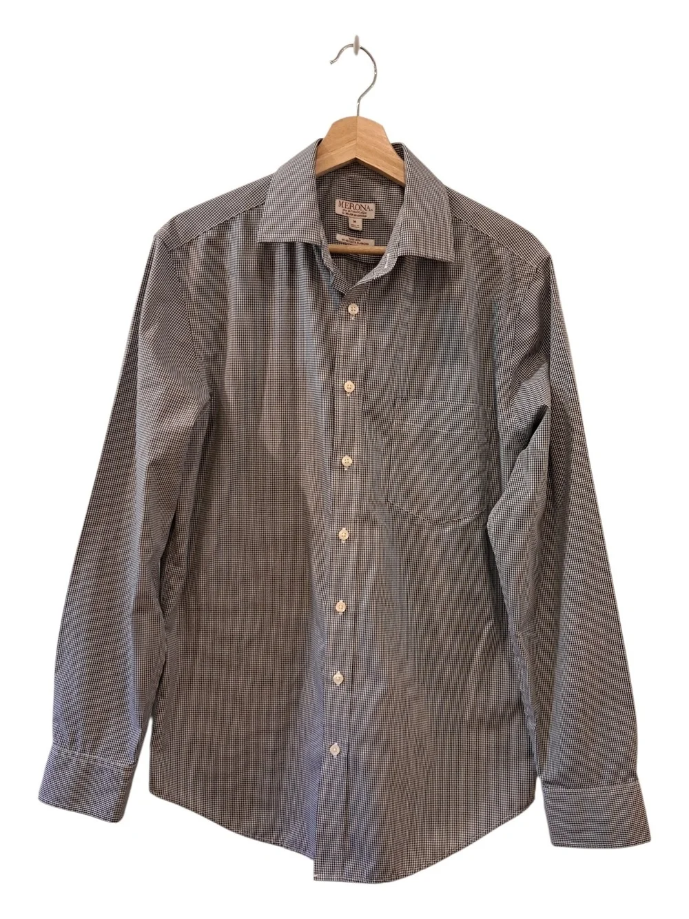 Merona Men's Non-iron -Gray Micro-Check Long Sleeve Dress Shirt size M